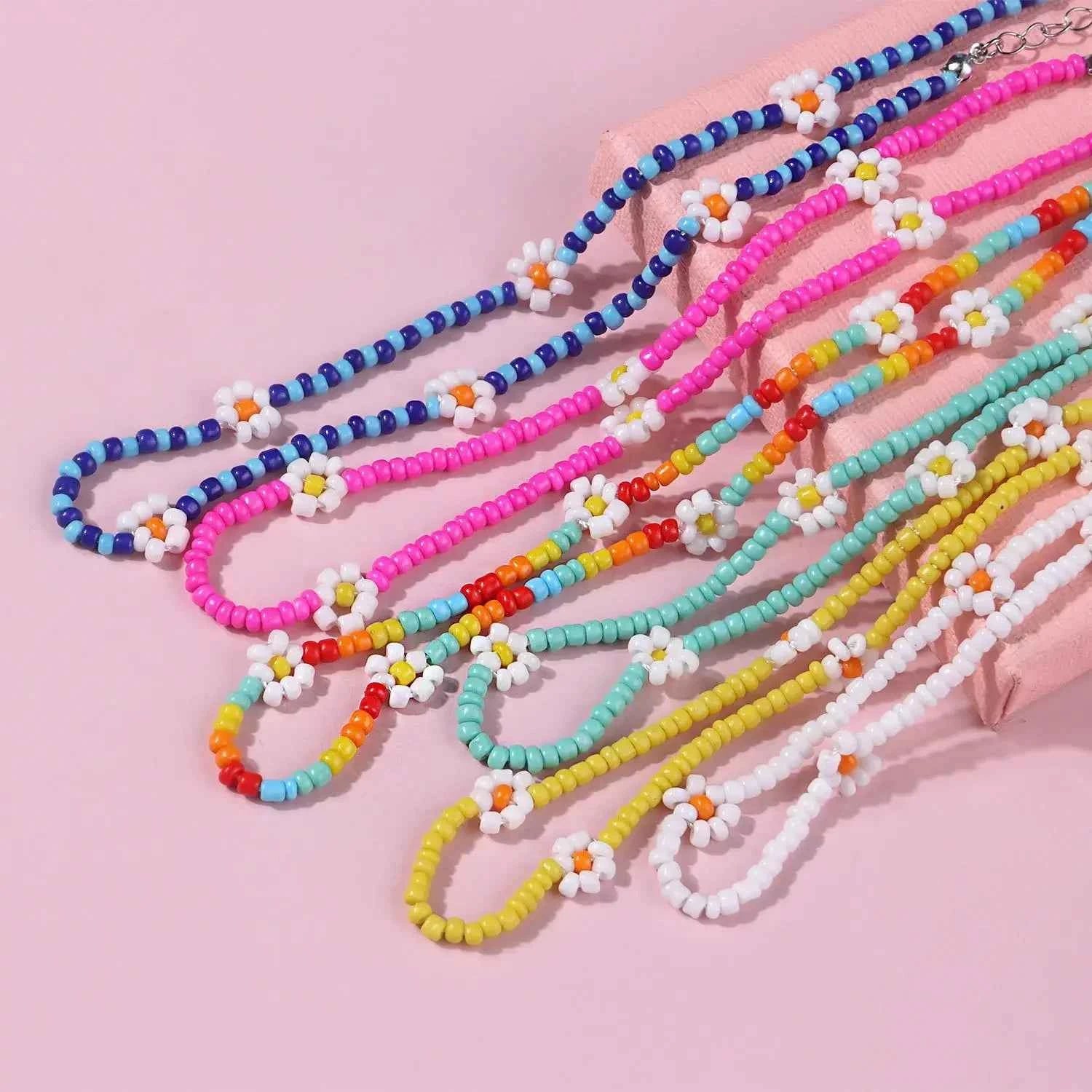 Colorful Charm Flower Beaded Necklace For Women Fashion Bohemia Rice Beads Adjustable Choker Clavicle Beach Jewelry Accessories