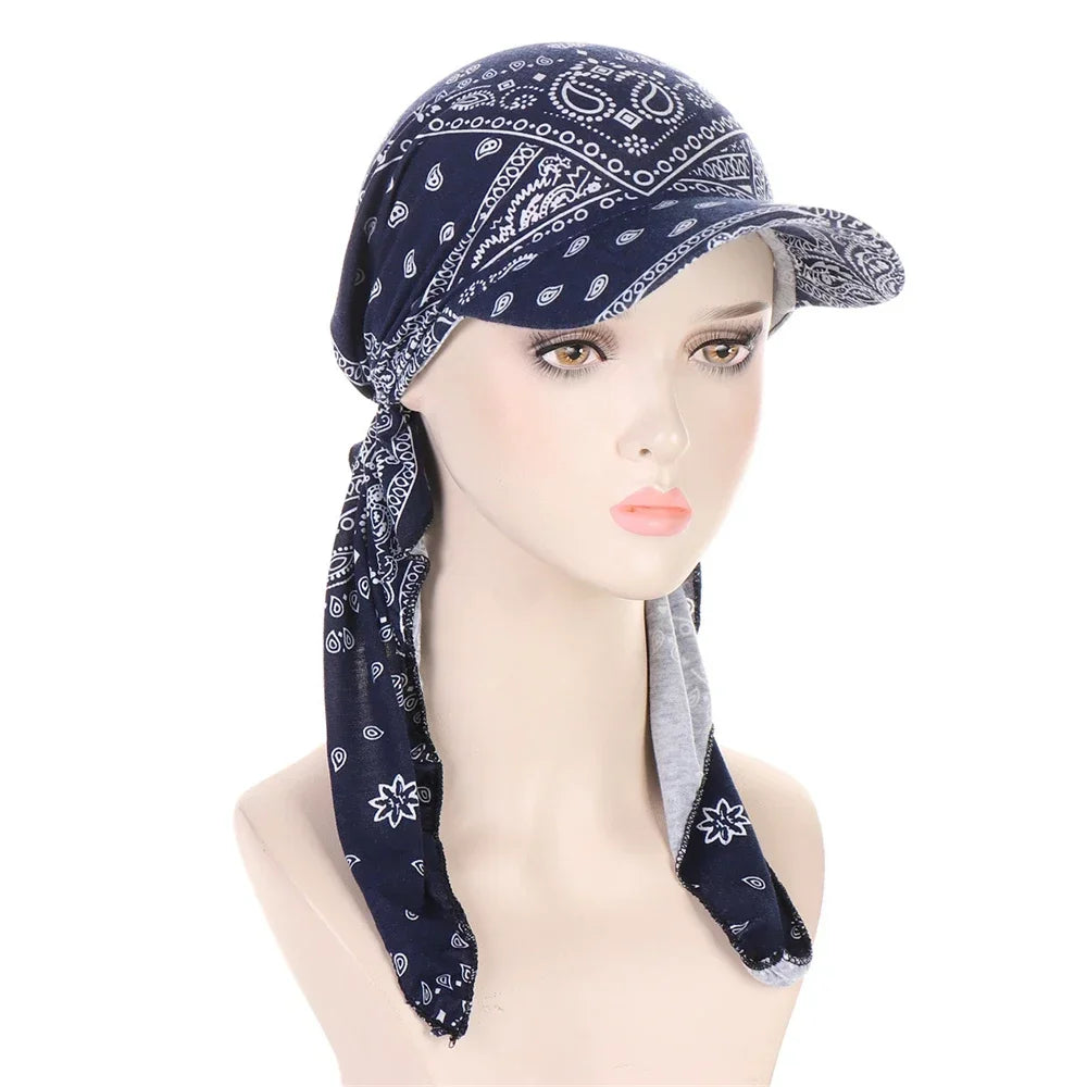 Fashion Muslim Floral Print Hijab Turban Hat for Women Visor Baseball Cap Sun Hats Headscarf Scarf Brim Femme Scarves Bandanas