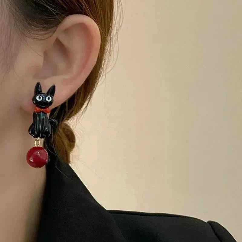 Sweet Cartoon Black Cat Cool Earrings Fashionable Women Girls Personality Temperament Red Pearl Pendant Earrings Simple Gift