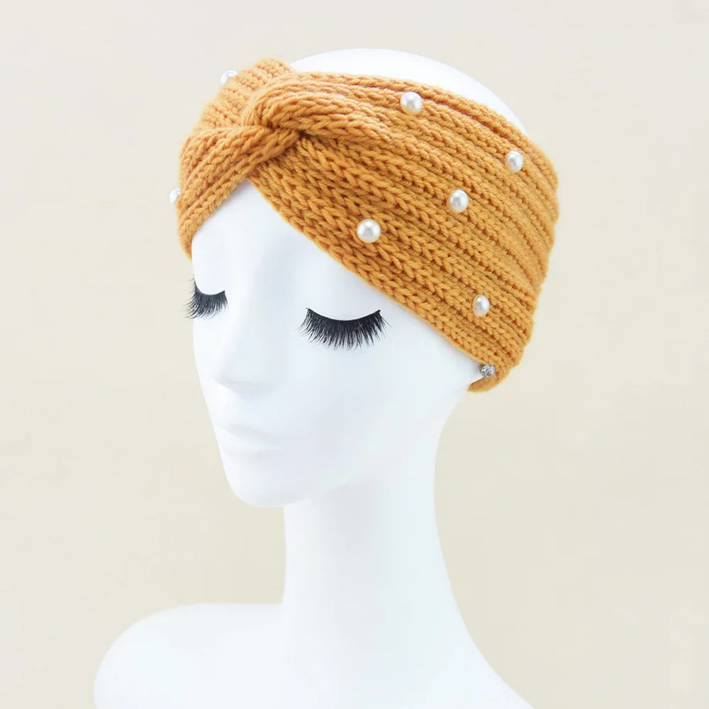 Fashion Pearls Knitted Headband Women Cross Knotted Hair Bands Autumn Winter Ear Warmer Protectors Wide Turban Hair Accessories - NamafadStore