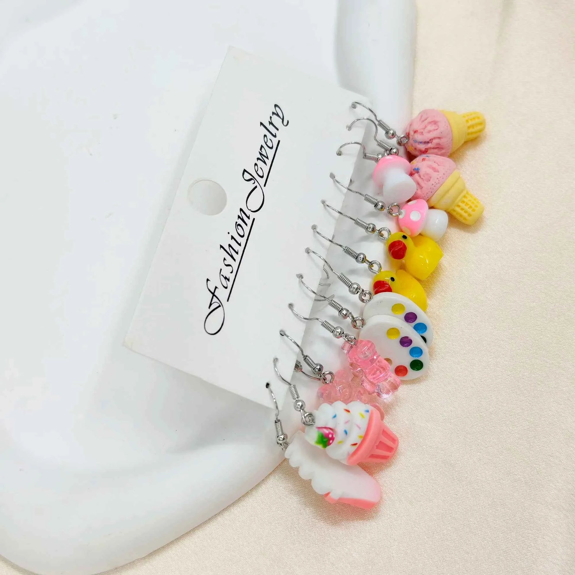 12pcs Little Bear Ice Cream Mushroom Palette Funny Food Stick Night Light Earrings Set