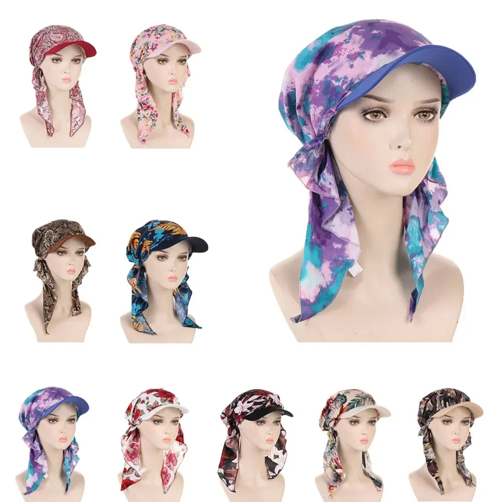 Fashion Muslim Floral Print Hijab Turban Hat for Women Visor Baseball Cap Sun Hats Headscarf Scarf Brim Femme Scarves Bandanas - NamafadStore