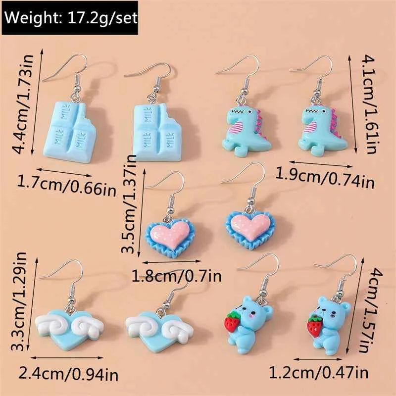 5Pairs/Set Fashion Flower Drop Earrings for Women Resin Heart Animal Dangle Hooks Earrings Girls Party Holiday Jewelry Gifts