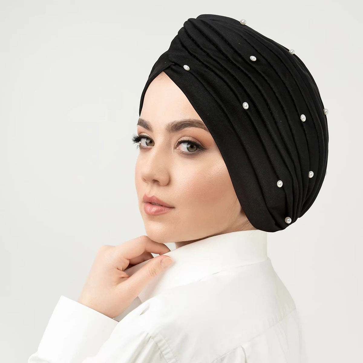 Solid Color Pearl Crinkle Women Muslim Hijab Caps Wrap Head Soft Elastic Ladies Turban Bonnet Islamic Clothing Accessories - NamafadStore