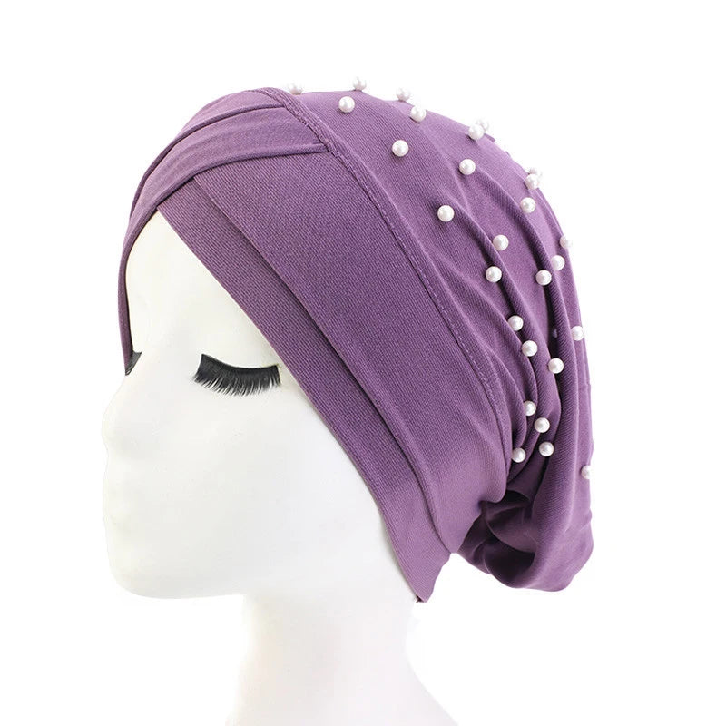 1PC New Women Elastic Turban Hat Muslim Hijab Islamic Beads Cancer Chemo Cap Ladies Hijab Stretch Head Wrap Head Scarf Hair Loss - NamafadStore