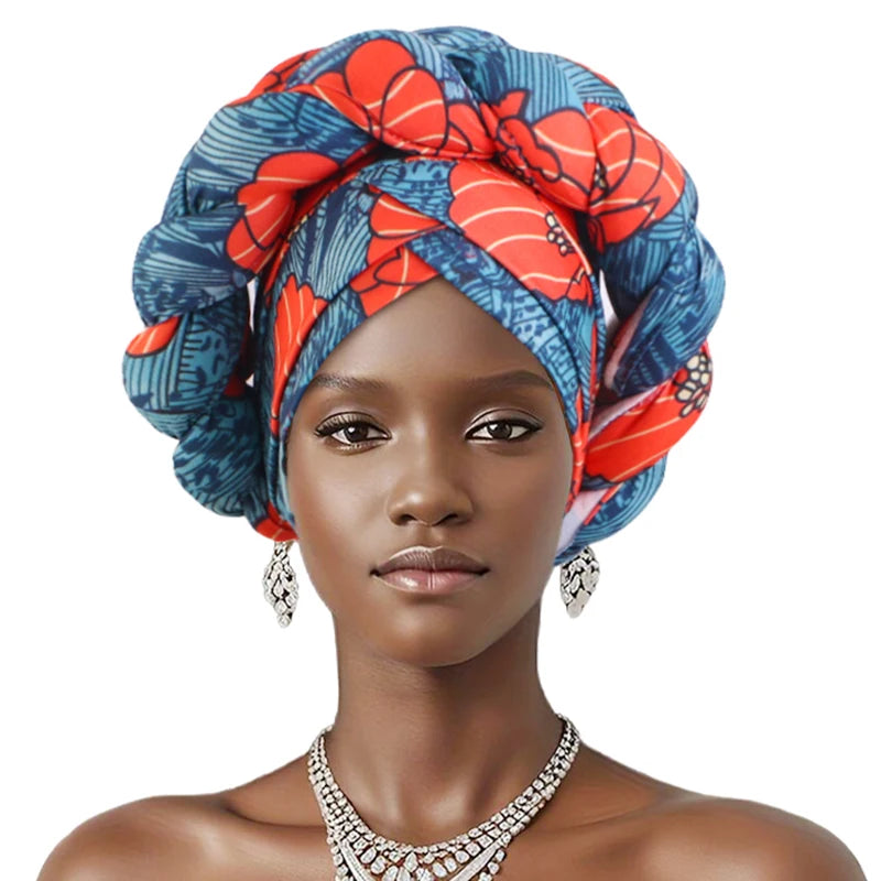 New African Print Twisted Large Braid Turban Hat Muslim Hijab Hat Elastic Head Wraps Headscarf Ramadan Headscarf Beanie Hats - NamafadStore