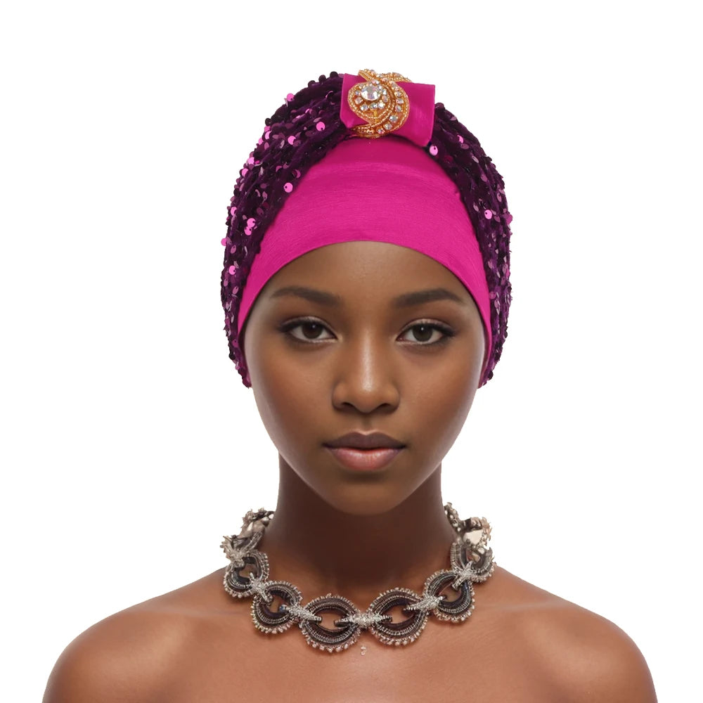 Shining Diamond Sequins Women's Turban Cap African Hat Headtie Bonnet Muslim Headwear Top Knotted Head Caps Turbante Mejur - NamafadStore