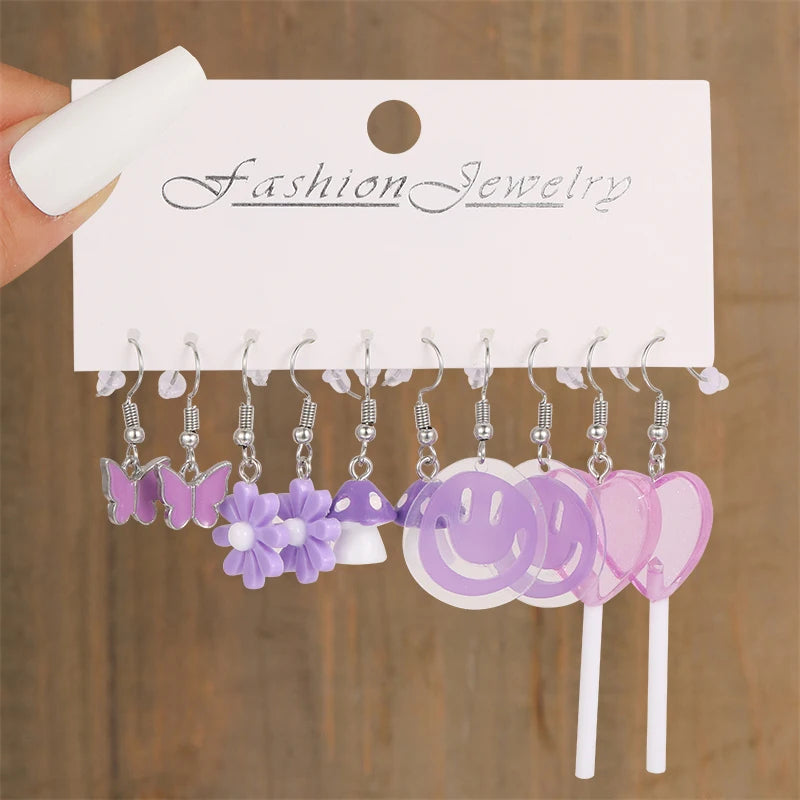 Colorful Butterfly Heart Cartoon Dangle Earrings Set For Women Girl Kids Cute Duck Clouds Resin Drop Earring Jewelry Accessories