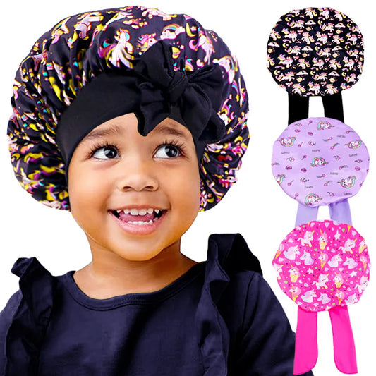 New Kids Unicorn Satin Bonnet Wide Elastic Band Ribbon Sleeping Cap Curly Natural Hair Child Night Caps Shower Cap Headscarf