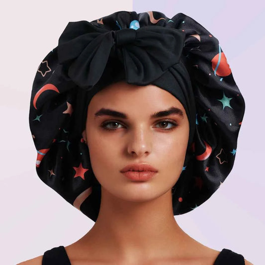 1pc Adjustable Extra Large Satin Bonnet with Bowknot - Wide-Brimmed Sleep Cap for Women, Soft Polyester Hair Care Night Hat