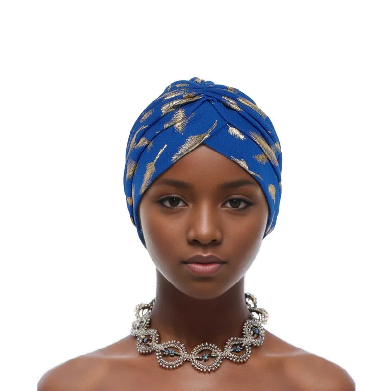 Feather Gold Stamping Fabric Turban Cap for Women African Wrap Head Bonnet Muslim Under Scarf Hat Turbante Mujer - NamafadStore