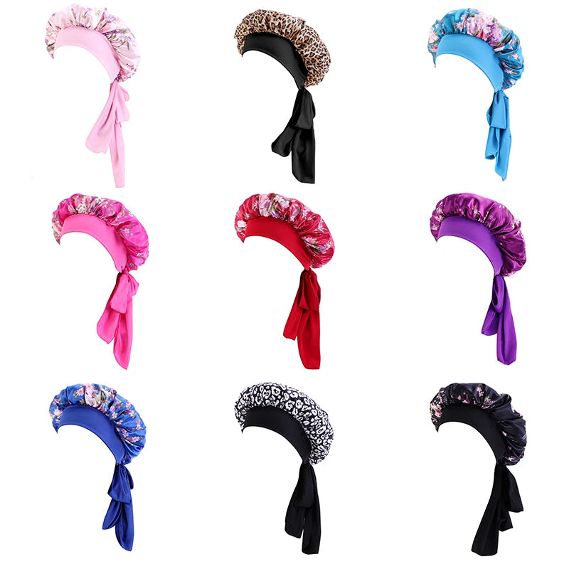 New Women Floral Satin Bonnet Printed Elegant Hair Bonnet with Tie Band Elastic Sleeping Night Cap Lightweight Shower Bath Cap - NamafadStore