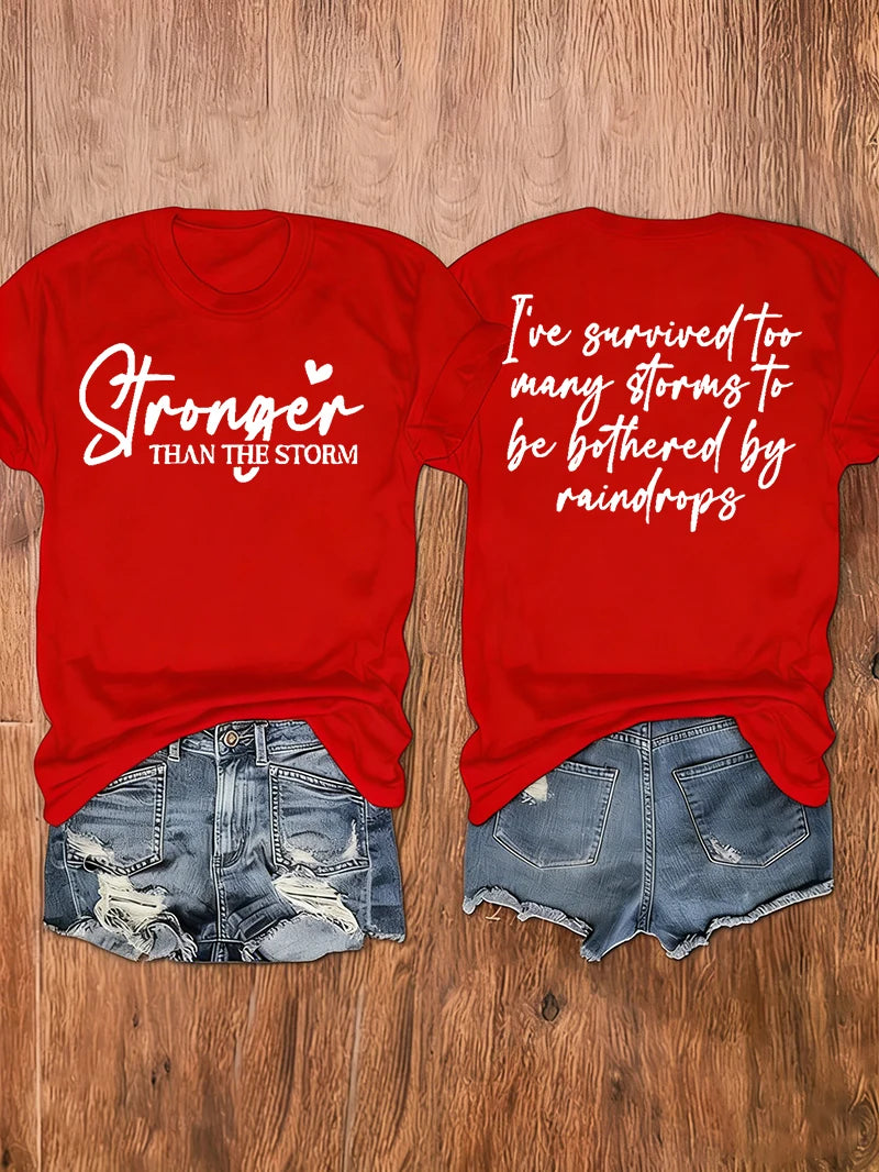 Women Summer Crew Neck Short Sleeve T-Shirt, Double Sided Inspirational Quote Print "Stronger Than The Storm", Casual Tee