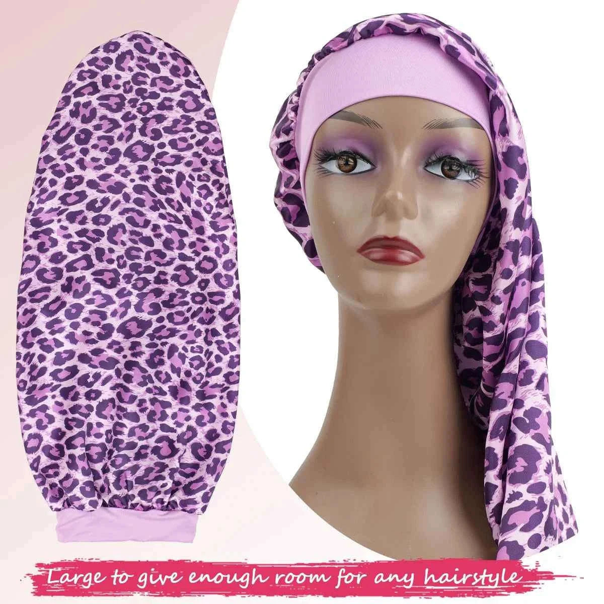 Women's Long Round Tail Bonnet-Silk Sleep Bonnet with Wide Elastic Edge-Hair Protector for Curly & Straight Hair-Leopard Print