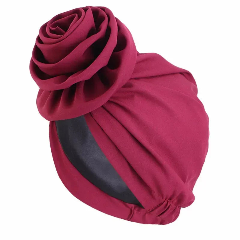 Big Flower Muslim Women Turban Satin Head Wrap Hijab Sleep Night Hat Chemo Cap Indian Elastic Beanie Ladies Hair Loss Headwear - NamafadStore
