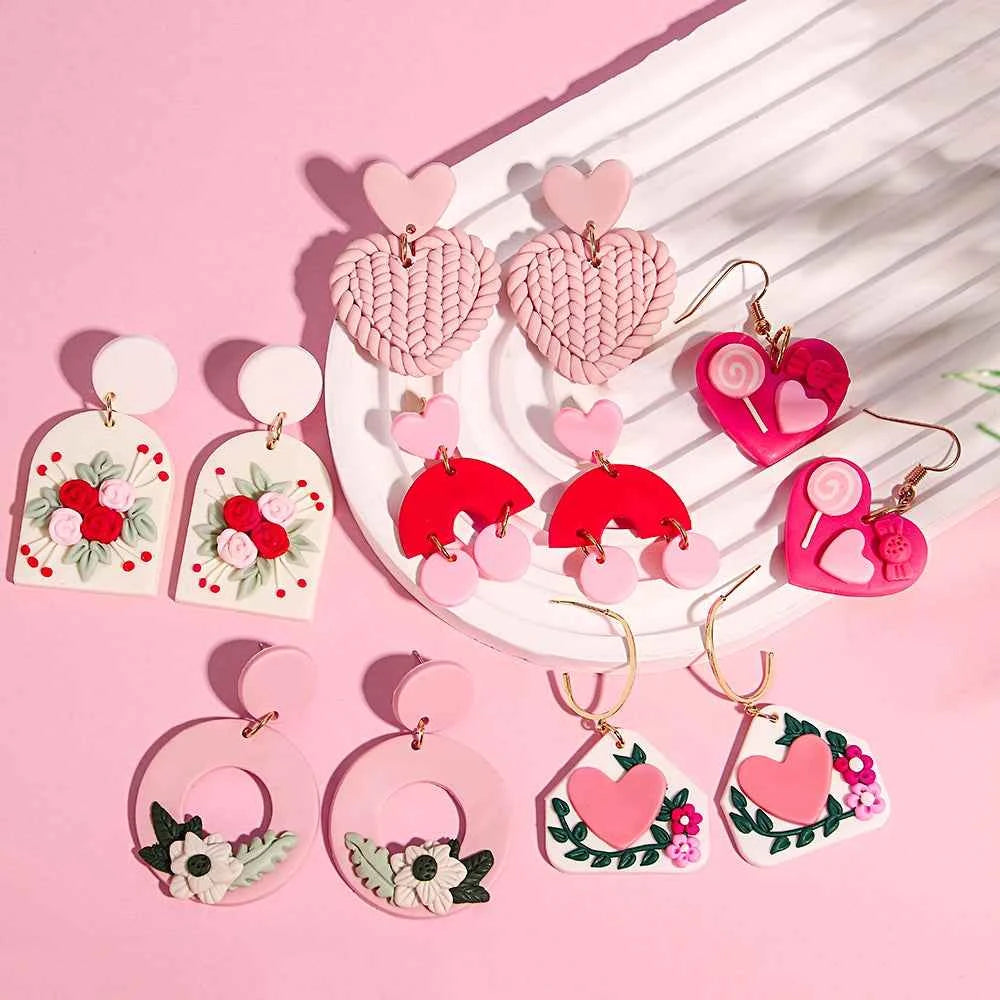 AENSOA Hollow Round Flower Earring For Women Polymer Clay Valentine's Day Girls Gift Heart Pattern Ear Accessories Jewelry INS