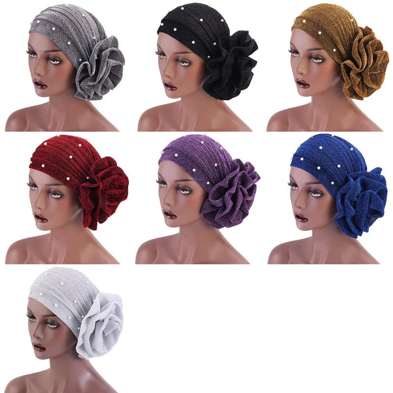 Summer Beading Flower Women's Turban Caps Stretchy Female Headwrap Bonnet Cancer Headwear Muslim Turban Hijabs Islamic Headscarf - NamafadStore