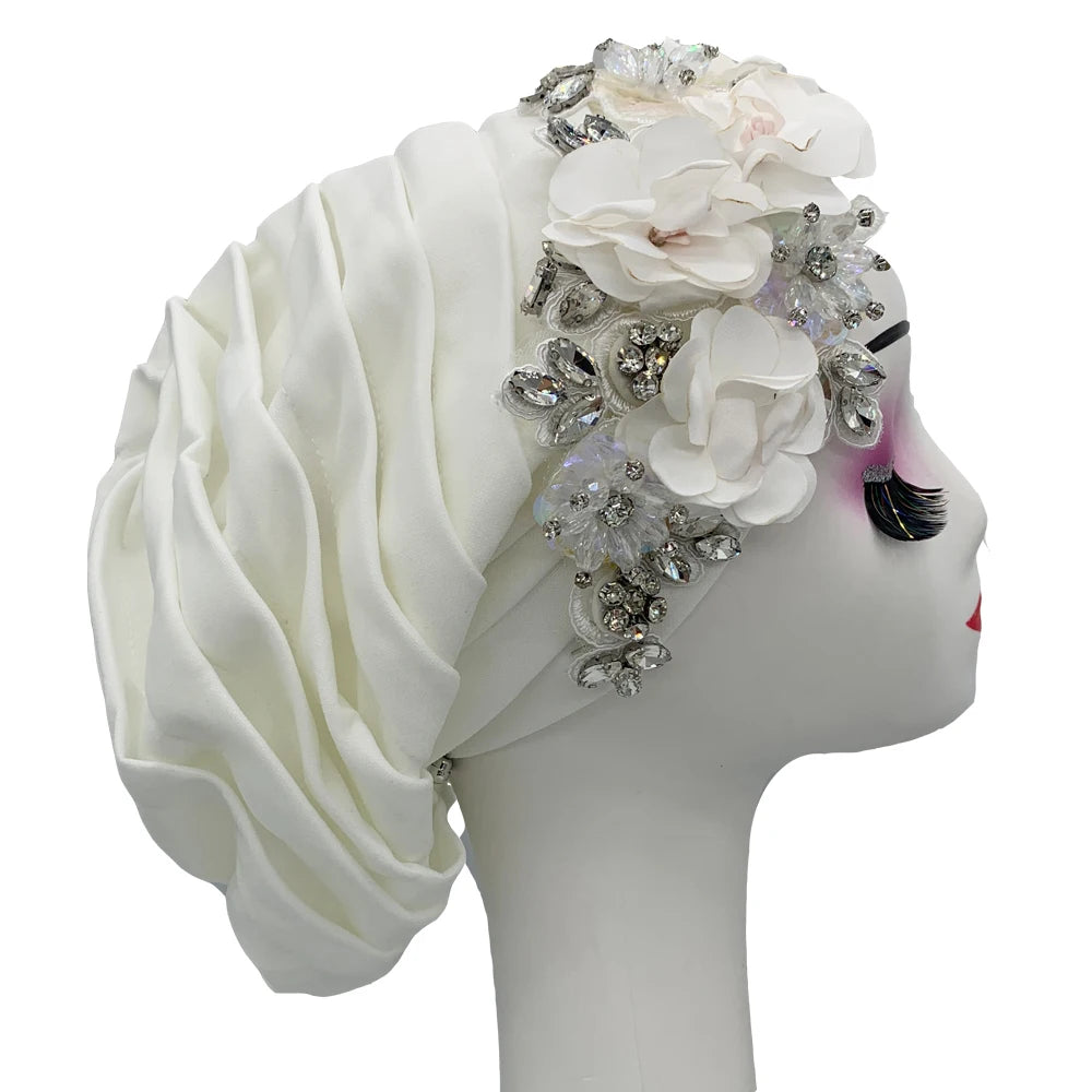 Elegant Flower Diamonds Women's Turban Cap African Party Headwear Hat Lady Head Wraps Muslim Headscarf Hats Turbante Mujer - NamafadStore