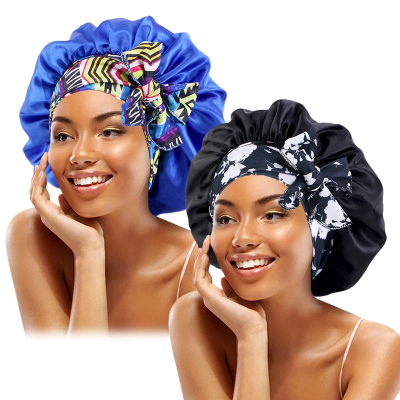 2PCS/LOT Boho Printed Headband Satin Bonnet Lace Up Bowknot Hair Bonnet Elastic Sleeping Night Cap Shower Bath Bonnets For Women - NamafadStore