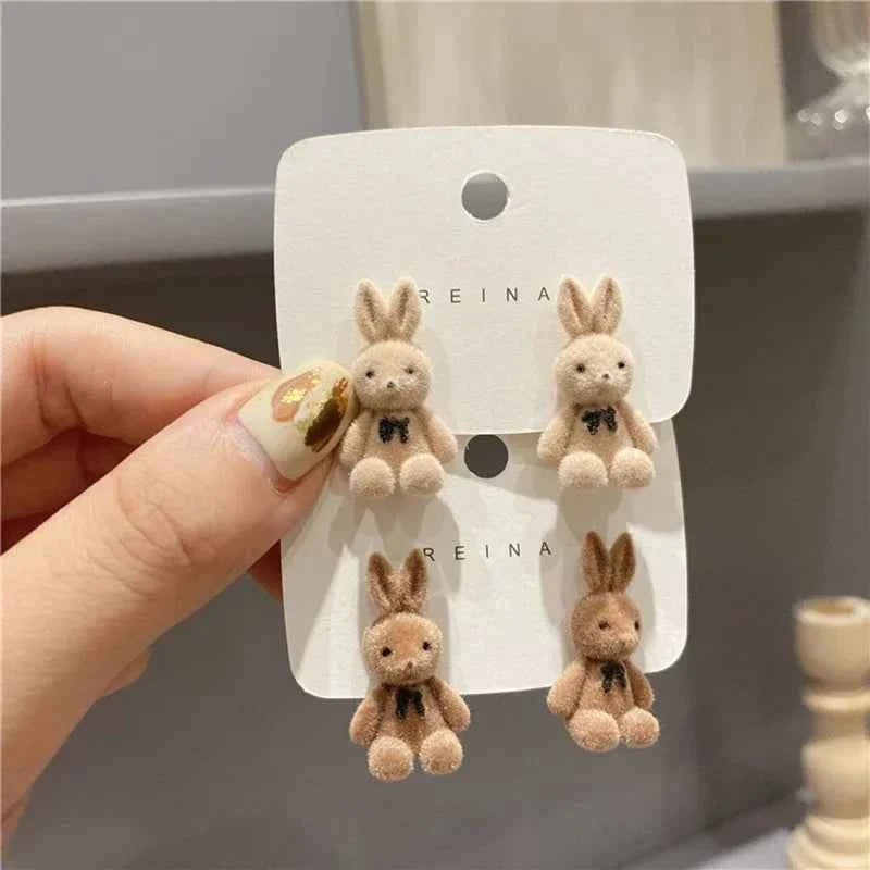 New Design Cute Flocking Plush Rabbit Stud Earrings for Women Korean Fashion Brown Animal Bear Earring Jewelry Party Girls Gift