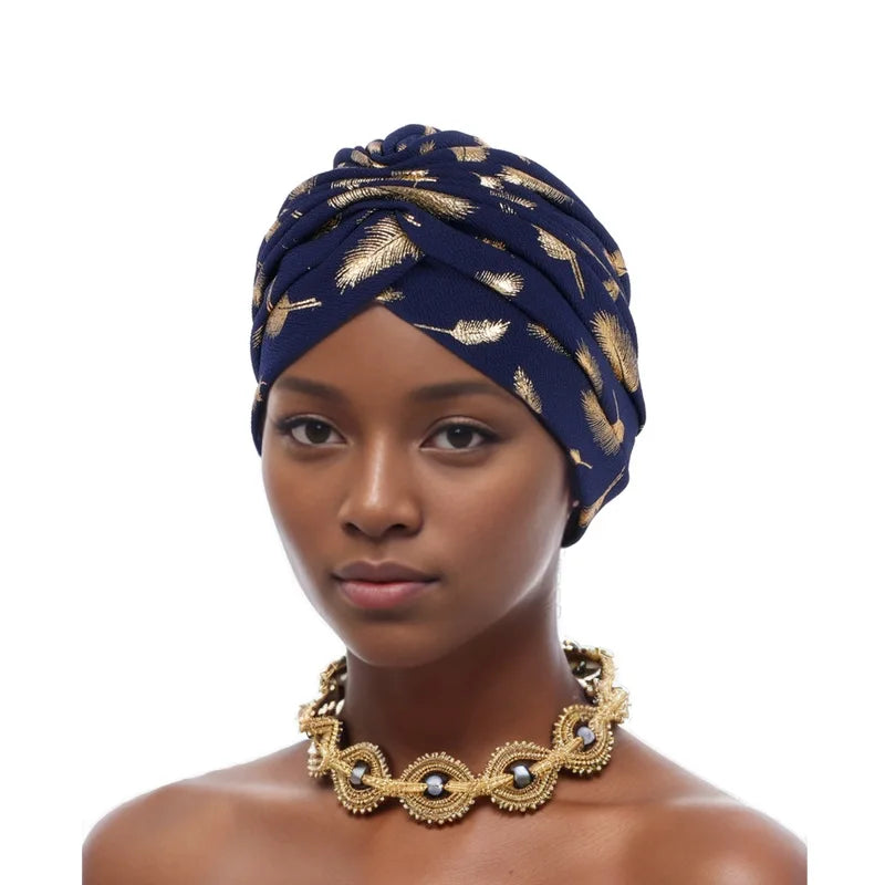 Feather Gold Stamping Fabric Turban Cap for Women African Wrap Head Bonnet Muslim Under Scarf Hat Turbante Mujer - NamafadStore