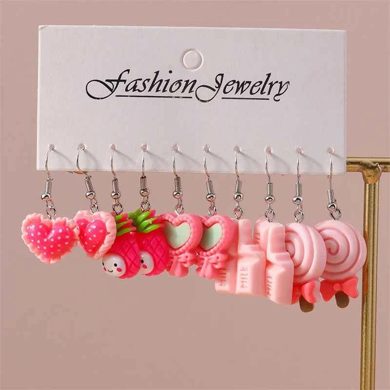 5Pairs/Set Fashion Flower Drop Earrings for Women Resin Heart Animal Dangle Hooks Earrings Girls Party Holiday Jewelry Gifts