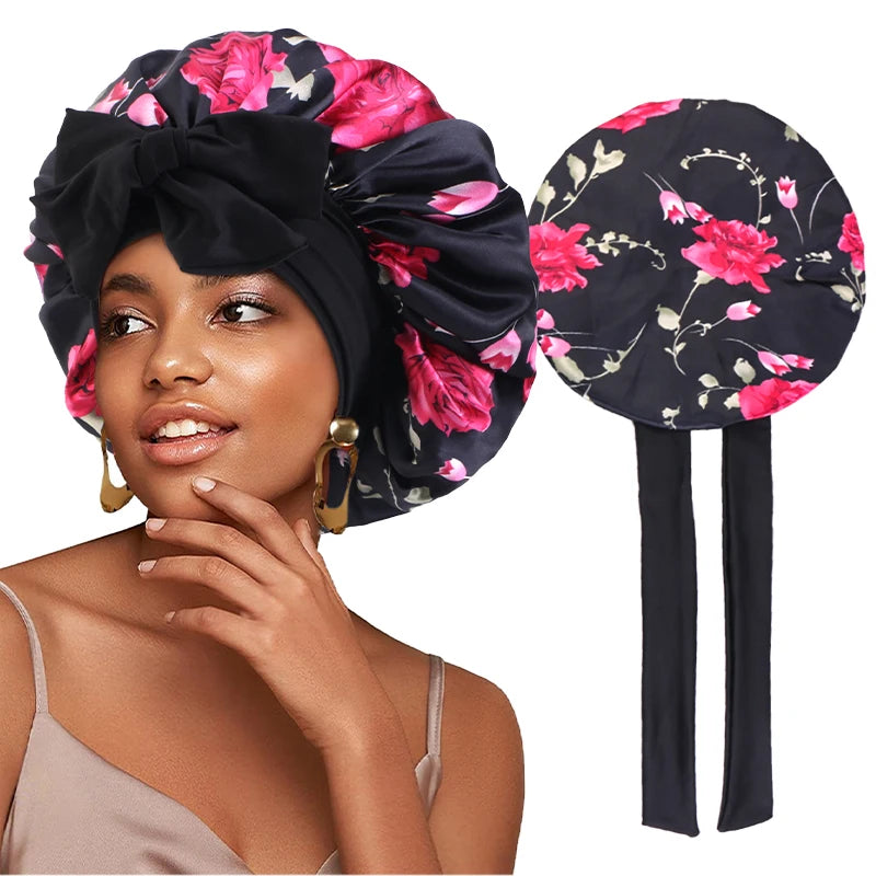 New Flower print Silky Bonnet For Sleeping Satin Hair Bonnet With Tie Band Hair Cover Night Shower Cap For Natural Curly Hair - NamafadStore