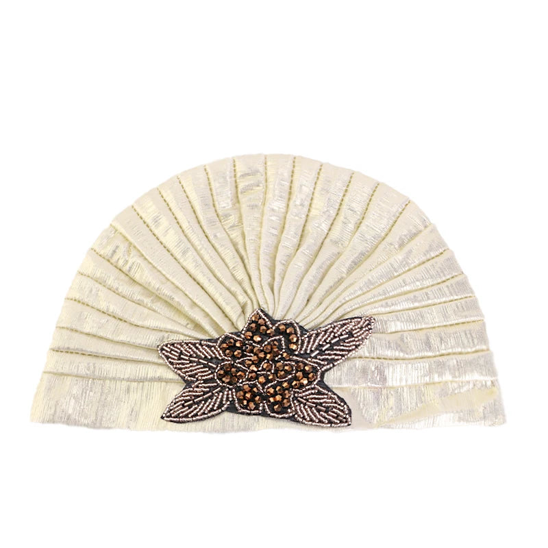 New Women Rhinestone Flower Pleated Turban Cap Ethnic Indian Hat Vintage Non Slip Head Band Chemo Cap Beanies Hair Accessories - NamafadStore