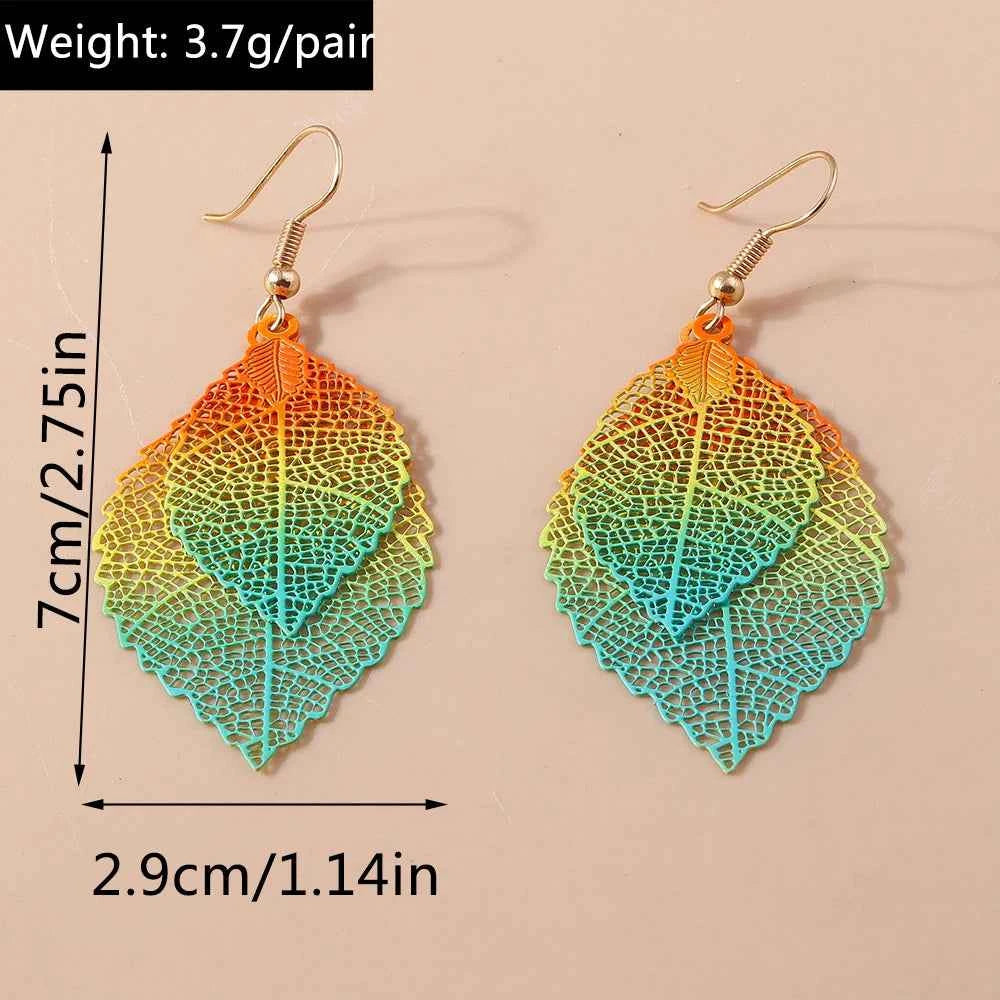 Colorful Bohemia Hollow Double Leaf Drop Earrings for Women Girls Dangle Earrings Party Holiday Jewelry Gifts