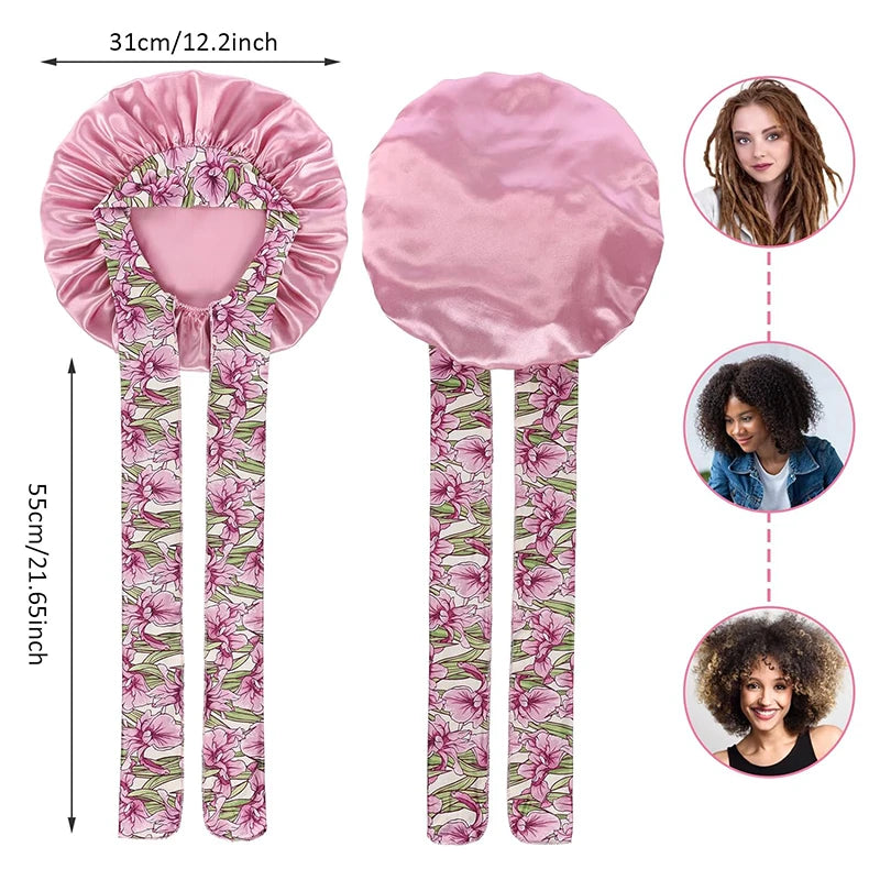 Women's Lace-up Satin Bonnet With Wide Stretch Ties Band Long Tail Bonnet Satin Cheveux Nuit Silky Sleeping Night Cap Bonnets - NamafadStore