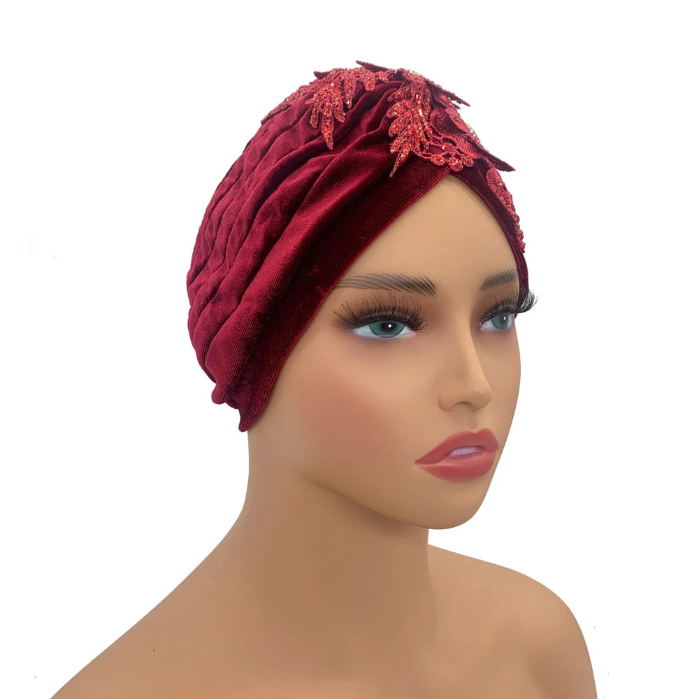 Applique Flower Embroidery Turban Caps for Women Ruffle Velvet Headscarf Bonnet Hat Female Head Wraps Turbante Mujer - NamafadStore