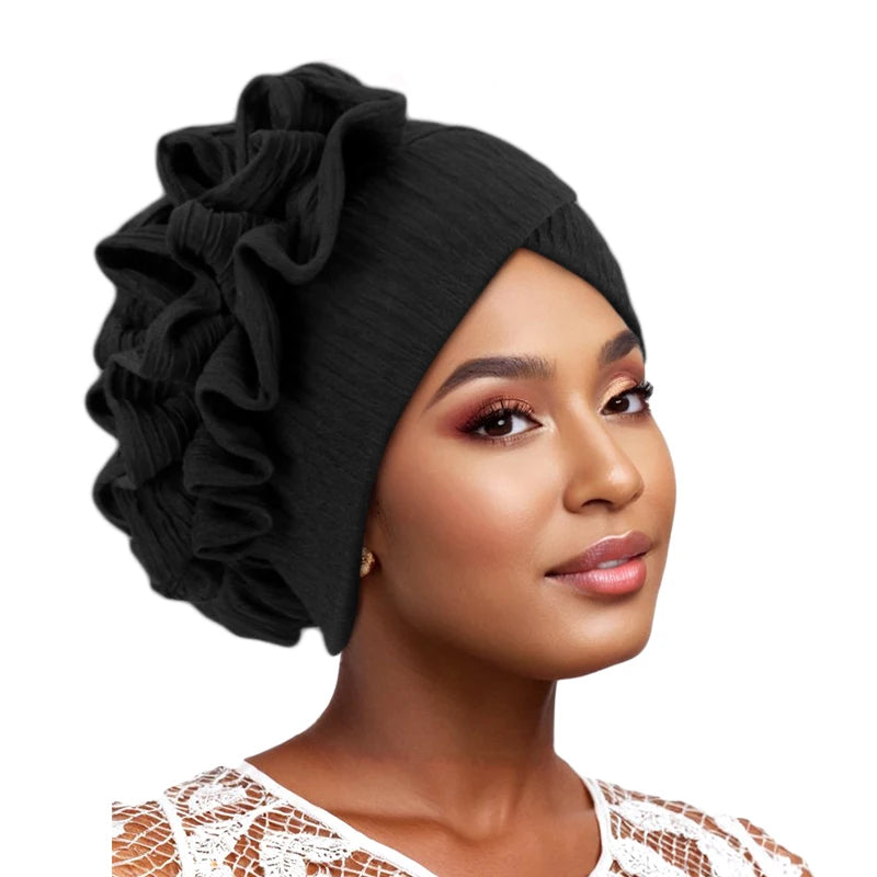 New Muslim Ruffle Flower Elegant Turban Hat for Women Bonnet Solid Hat Elastic Islam Beanies Hats Ramadan Chemo Cap - NamafadStore
