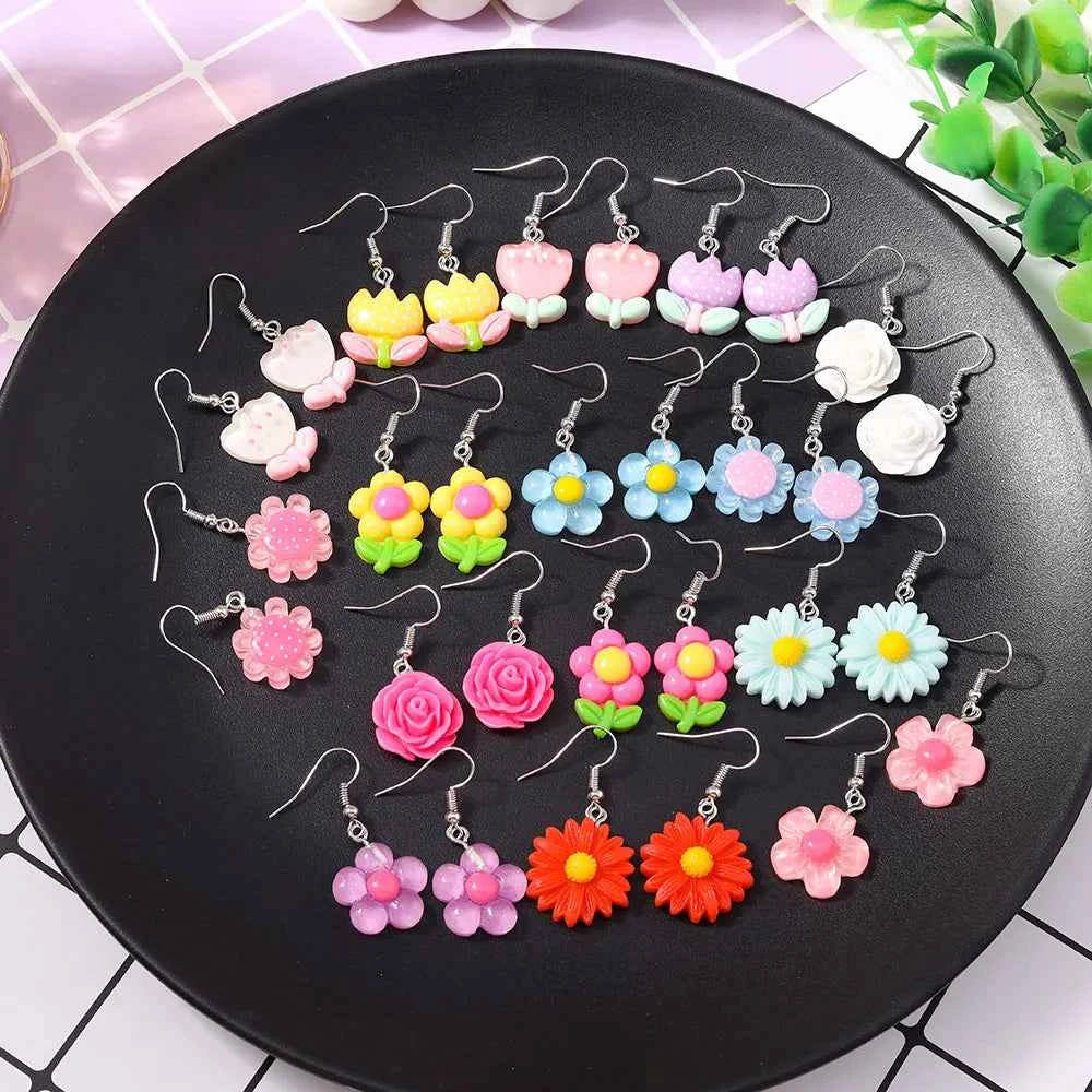 Cute 5 Pairs Flower Earrings for Women Girls Colorful Dangle Drop Earrings Handmade Kids Jewelry Gifts