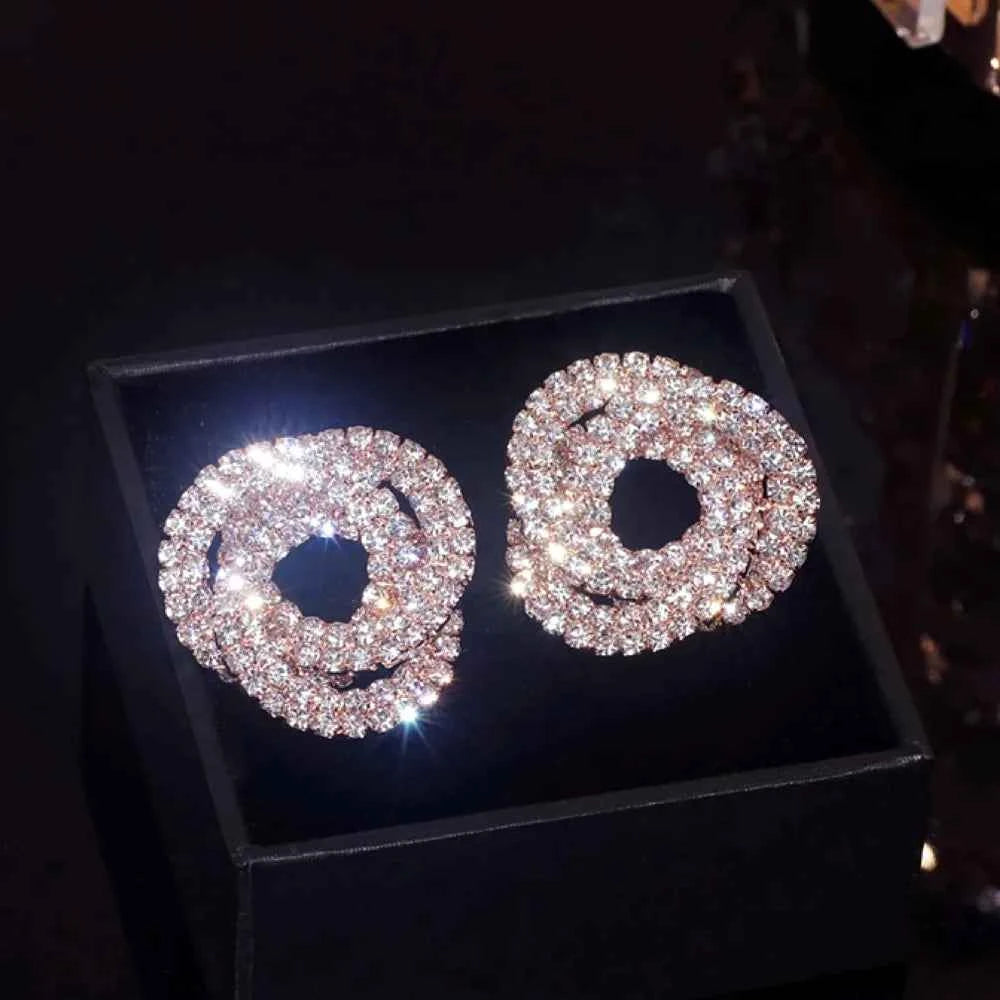 Luxury Shiny Colorful Rhinestones Stud Earrings for Women Bling Crystal Circle Flower Earrings Female Wedding Party Jewelry Gift