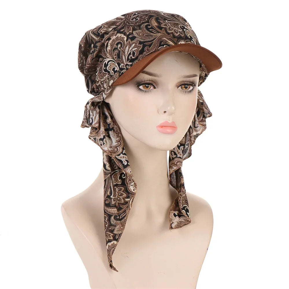 Fashion Muslim Floral Print Hijab Turban Hat for Women Visor Baseball Cap Sun Hats Headscarf Scarf Brim Femme Scarves Bandanas
