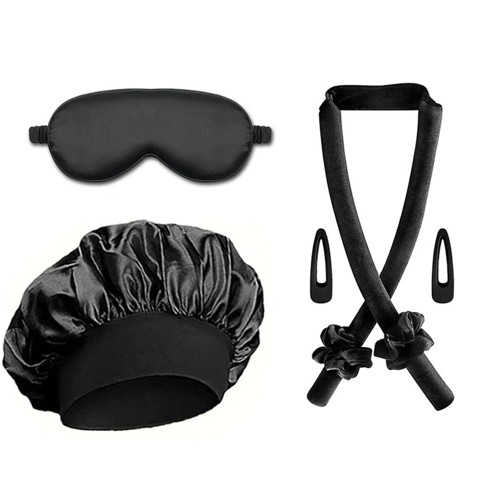 5/6/7pcs Set No Heat Hair Curler Salon Satin Sleeping Sleeping Cap Hat Soft Cooling Eye Mask and Hairpin for Household Travel - NamafadStore