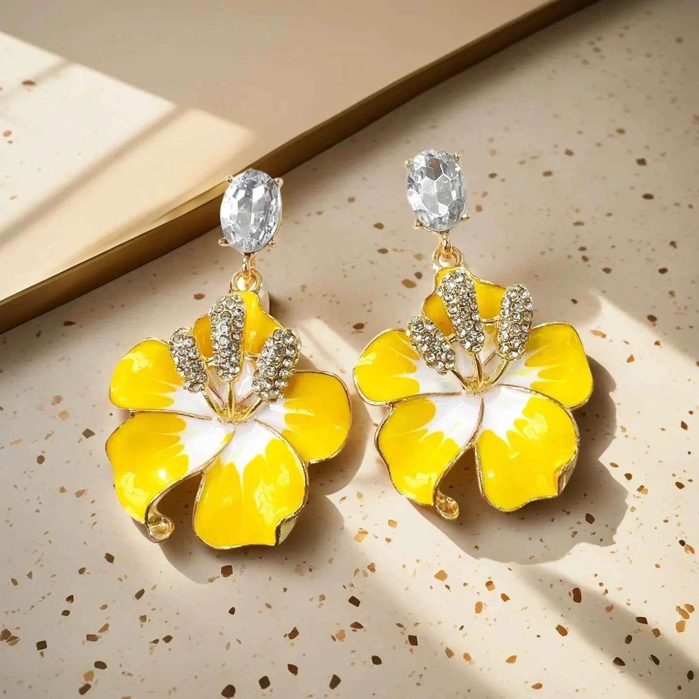 Korean Multi-color Enamel Flowers Drop Earrings for Women Girls Blue Crystal Dangle Earrings Party Jewelry Gifts