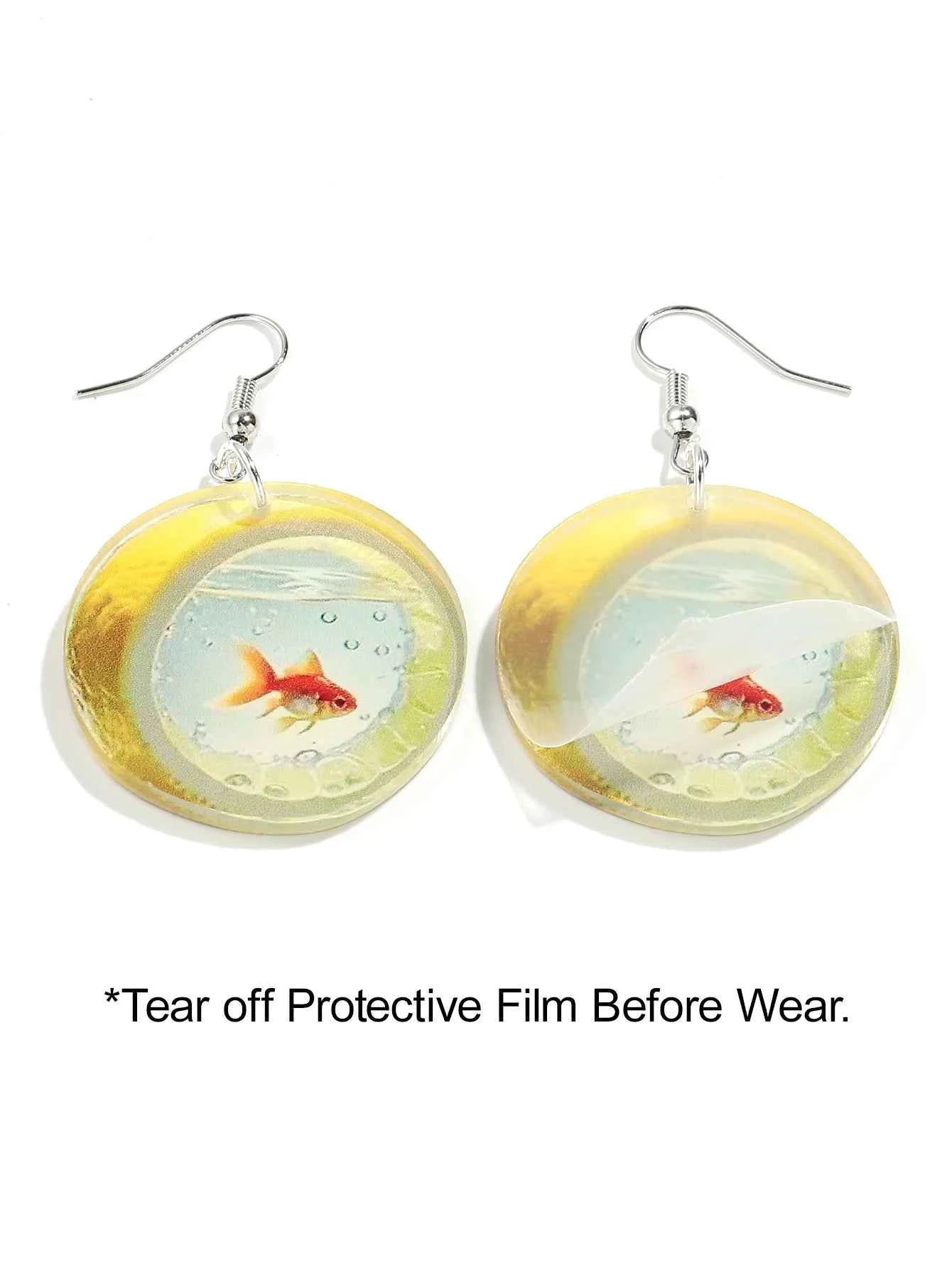 Cute Cartoon 2D Lemon Fish Acrylic Print Drop Earrings for Women Funny Round Carp Dangle Earring Creative Jewelry Birthday Gift