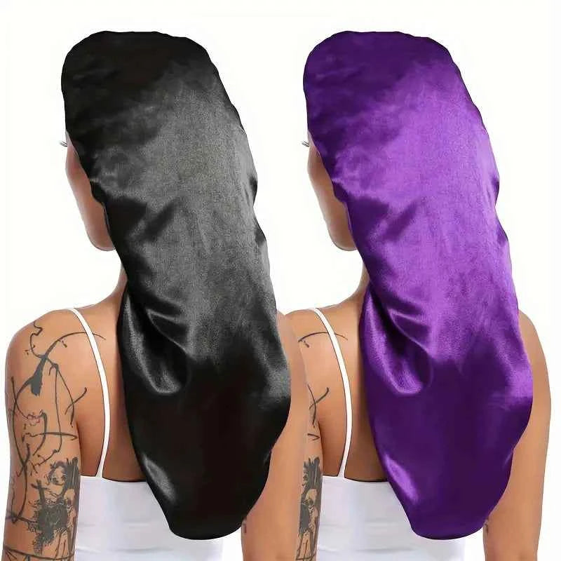 2pc Long Silky Sleep Bonnet For Straight Curly Hair, Extra Large Hair Bonnets For Dreadlock And Braids, Satin Sleeping Caps - NamafadStore
