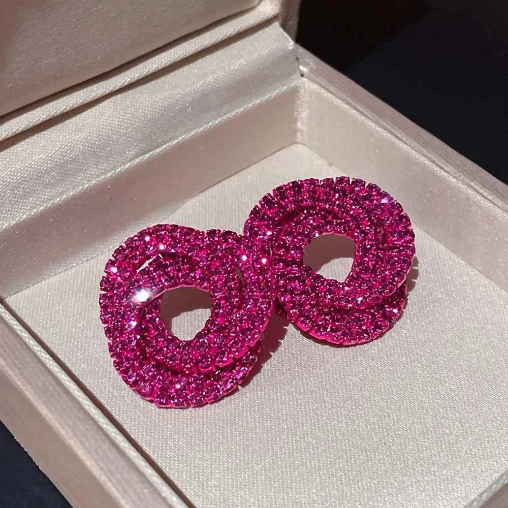 Luxury Shiny Colorful Rhinestones Stud Earrings for Women Bling Crystal Circle Flower Earrings Female Wedding Party Jewelry Gift