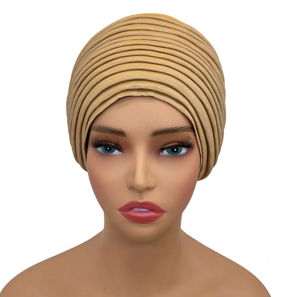 New Raw Silk Pleated Turban Cap for Women African Female Head Wraps Nigeria Lady Headwear Hat Wedding Headtie - NamafadStore