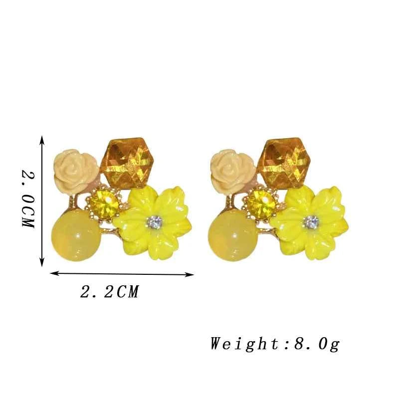 Yellow Purple Green Blue Flower Stud Earrings for Women Korean Fashion Acrylic Rhinestones Crystal Party Ear Jewelry Girls Gift
