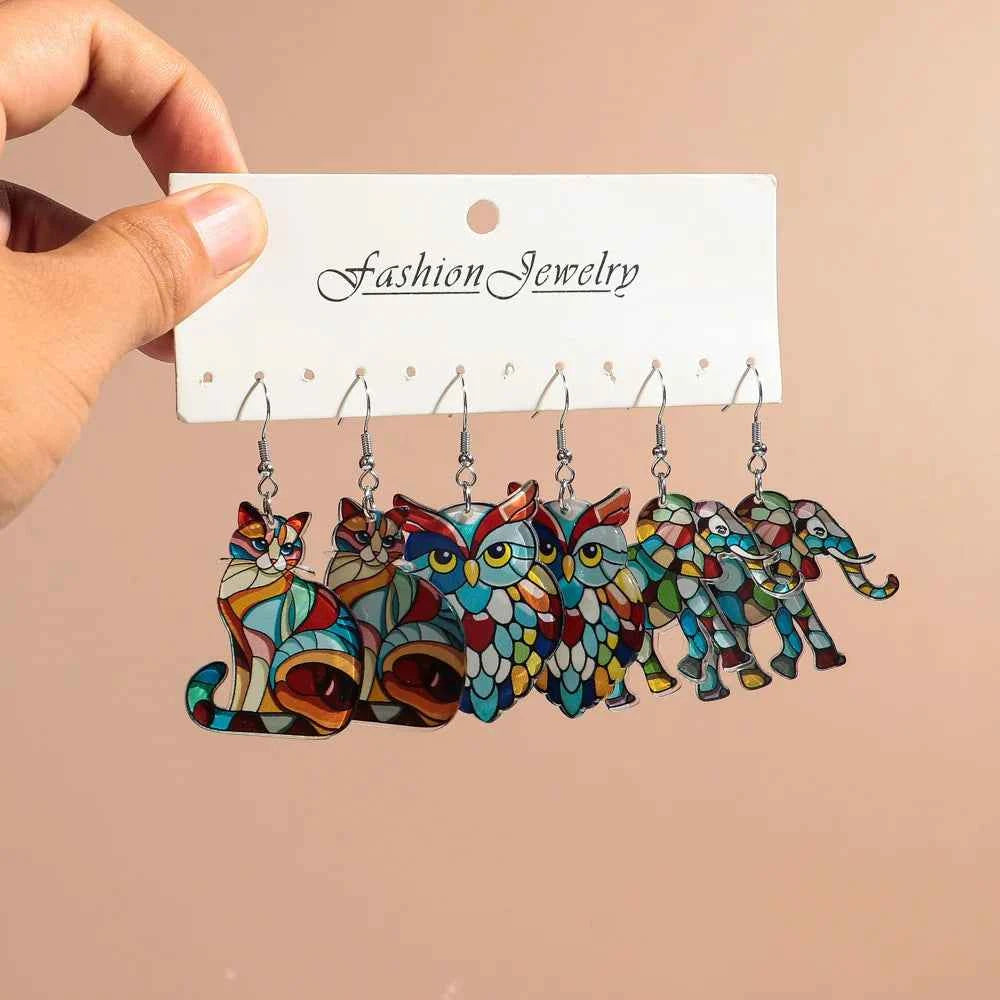 New Church Colorful  Cat Owl Elephant Acrylic Earrings Set for Women 3pair Cute Cartooon Animal Drop Earring Funny Jewelry Gifts