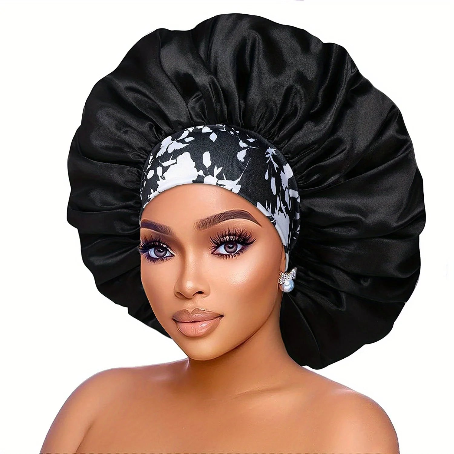 Women's Fashion Bonnet Flower Printed Hair Hat with Wide Edge Elastic Silk Smooth Satin Face for Daily Home Sleep Hat - NamafadStore