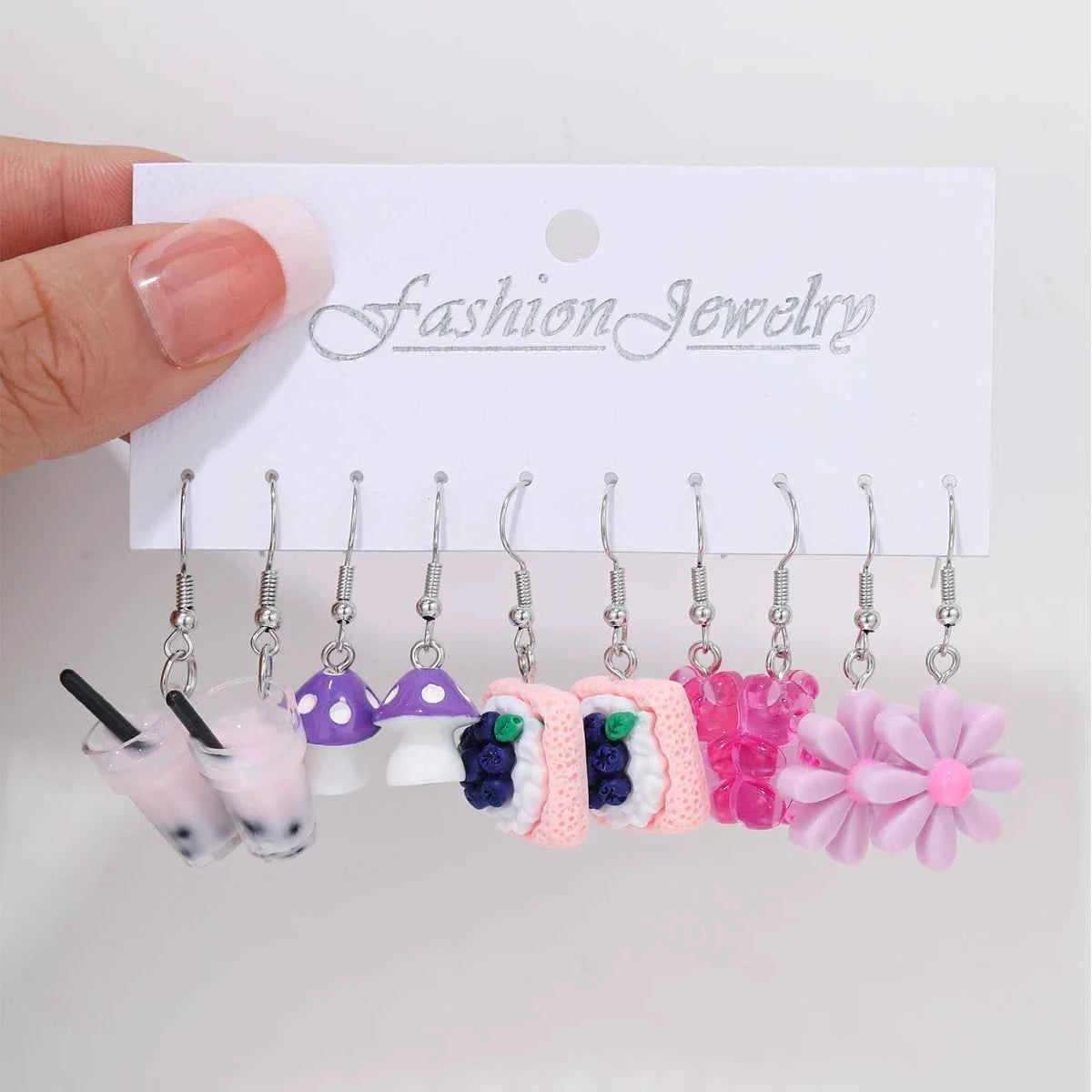Fashion Cartoon Colorful Design Earrings Set for Women Cute Food Drink Animal Dopamine Dangle Earring Trendy Girls Jewelry Gifts
