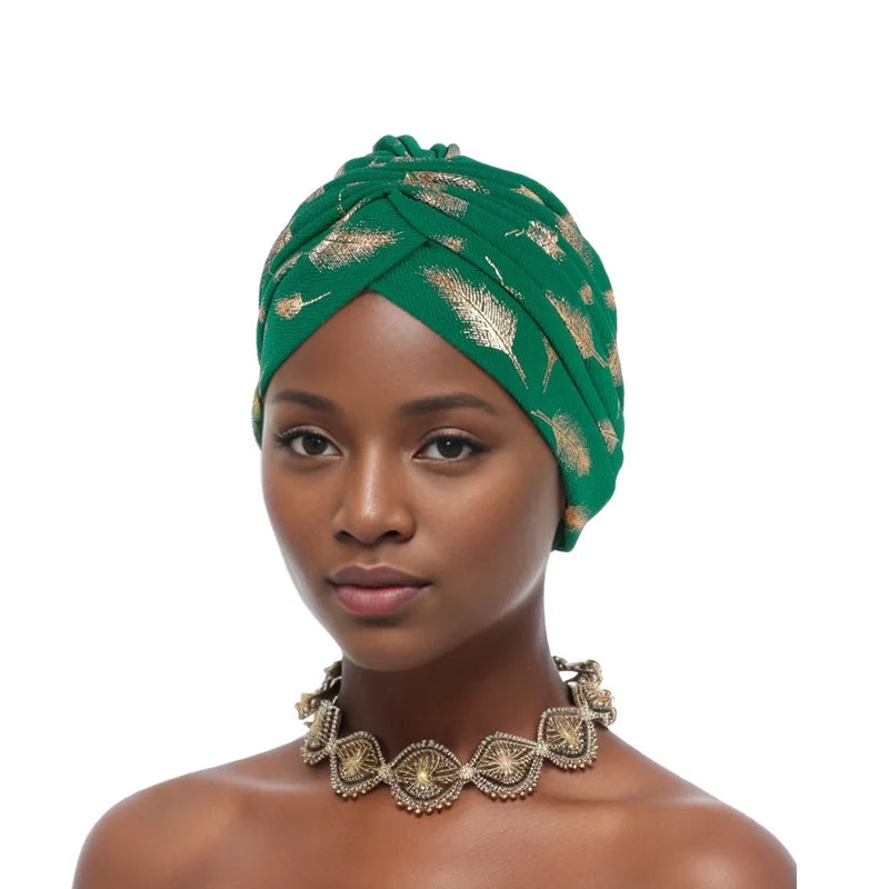 Feather Gold Stamping Fabric Turban Cap for Women African Wrap Head Bonnet Muslim Under Scarf Hat Turbante Mujer - NamafadStore