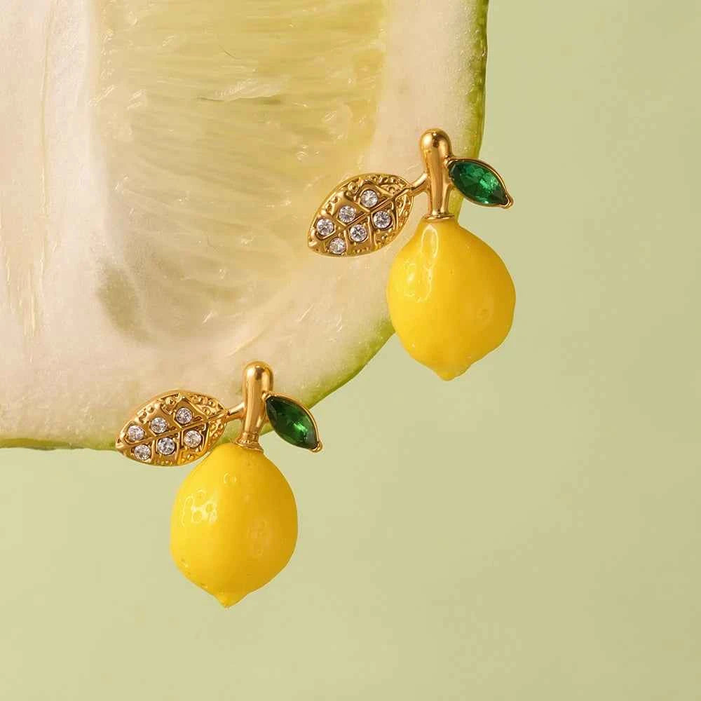 Liora eye-catching Fruit Lemon Drop Earrings for Women Stainless Steel Zircon Hypoallergenic Stud Earrings Jewelry Wedding Gifts