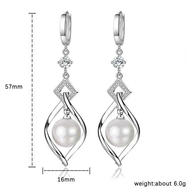 925 Sterling Silver Crystal Zirconia Natural Pearl Earrings, Women's Fashion Gorgeous Wedding Engagement Party Jewelry