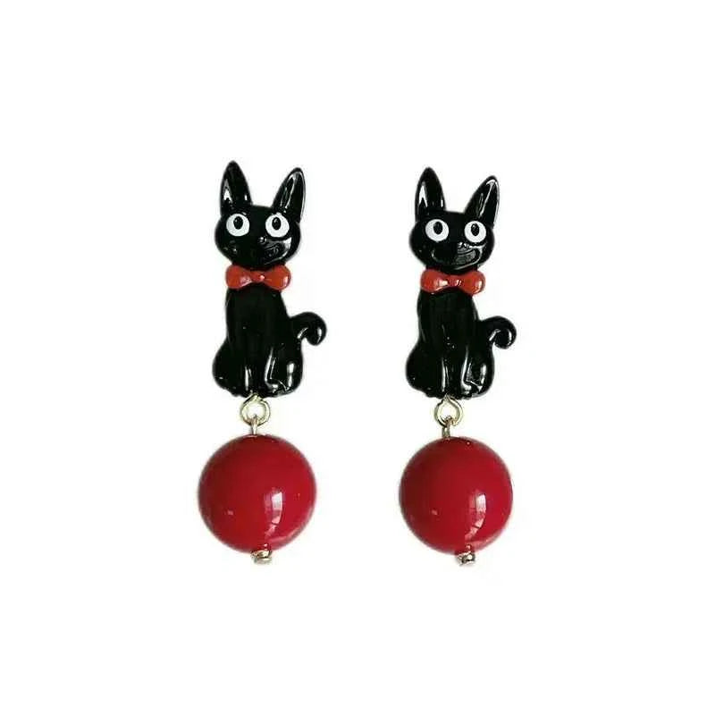 Sweet Cartoon Black Cat Cool Earrings Fashionable Women Girls Personality Temperament Red Pearl Pendant Earrings Simple Gift