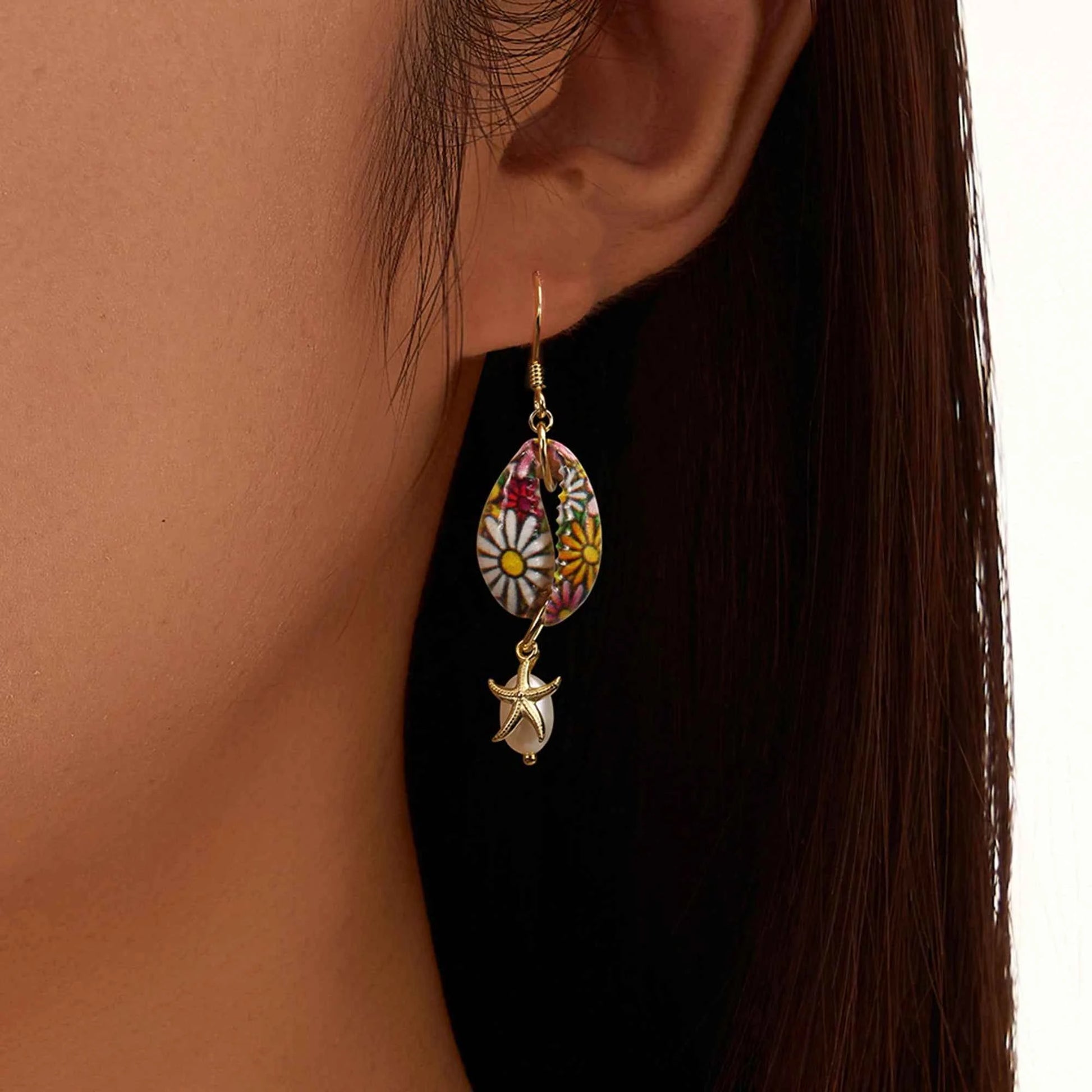 Effie Queen Natural Freshwater Pearls With Starfish Style & Floral Pattern Ornament 925 Sterling Silver Dangle Earrings GPE117